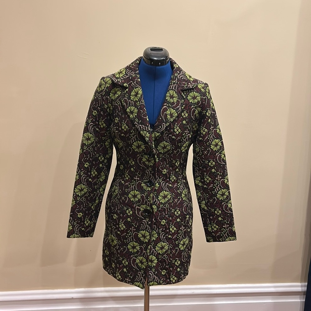Tapestry Green Burgundy Dusty Rose Floral Tailored Lined Trench Coat Jacket
